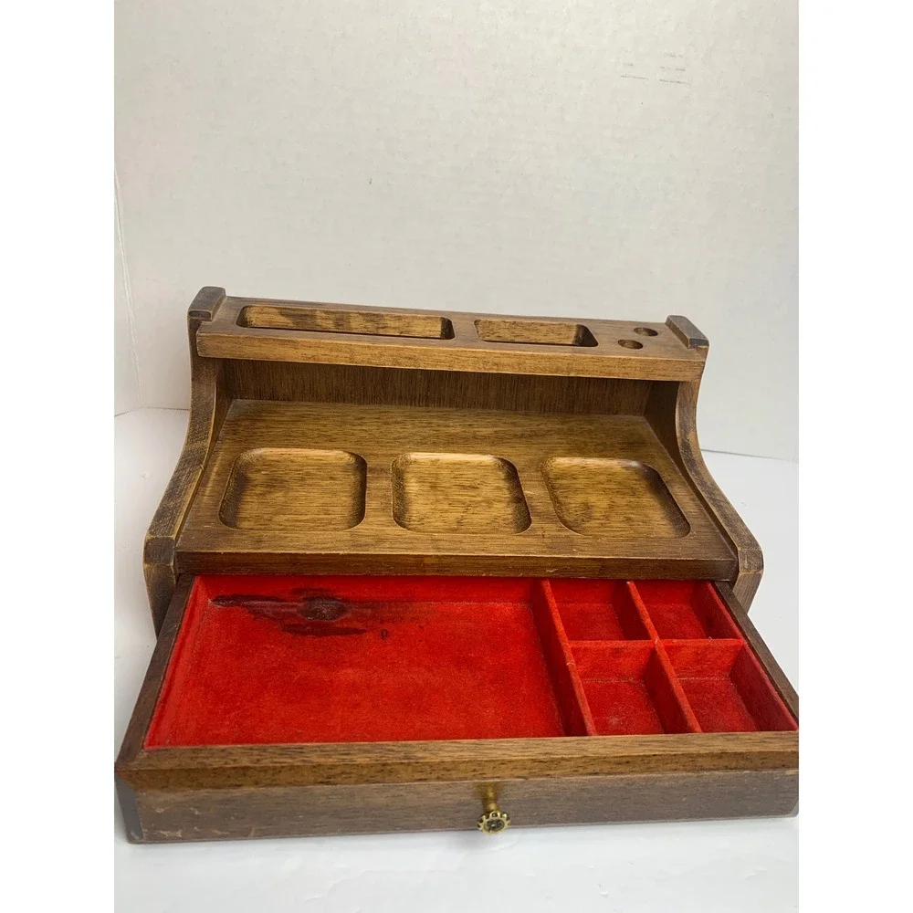 Vintage Wood Desk Organizer Valet Tray Red Felt Lined‎ Jewelry Drawer Brown